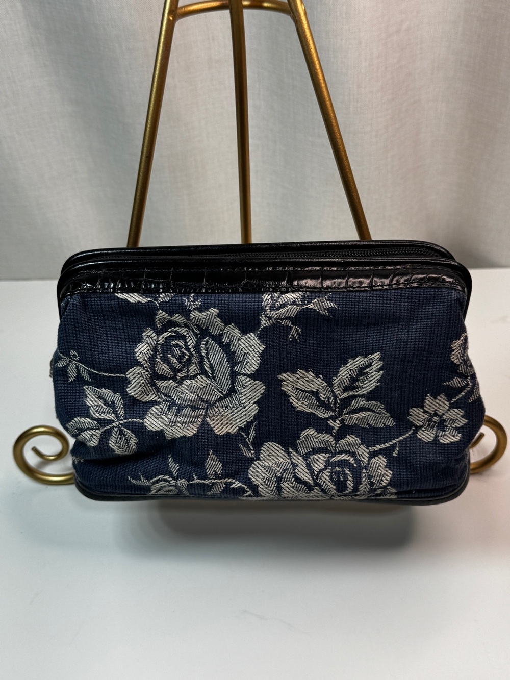 Brighton Blue Floral Fabric Makeup Bag with Black Faux Croc Leather Trim Zipper